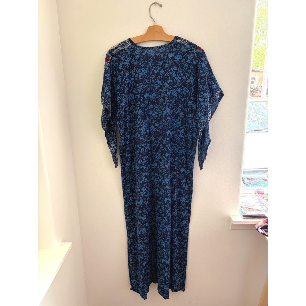 Vintage 60s 70s Blue Cotton Boho Kaftan Maxi Dress S M Hippie Embroidered - Picture 4 of 5